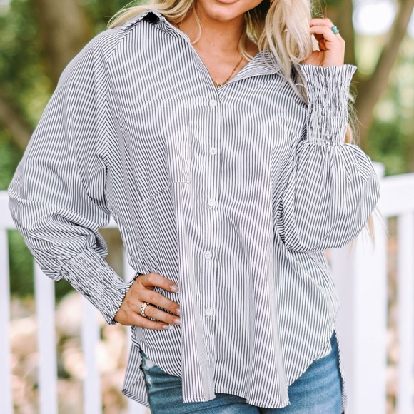 Tops - Smocked Cuffed Striped Boyfriend Shirt with Pocket